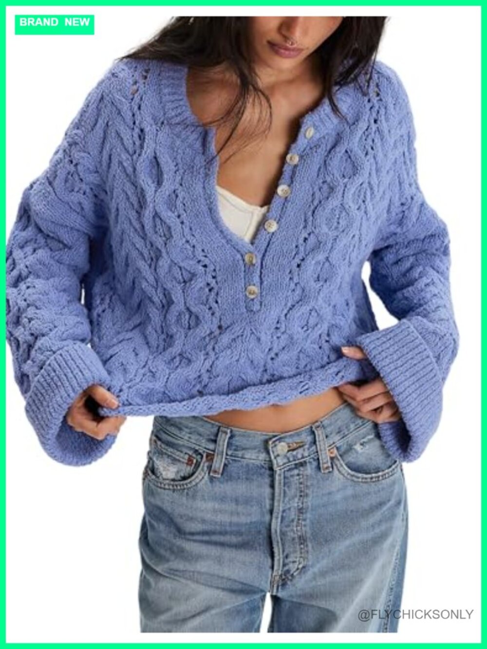 Lentta Chunky Cable Knit Sweater Button Neck Oversized Pullover
